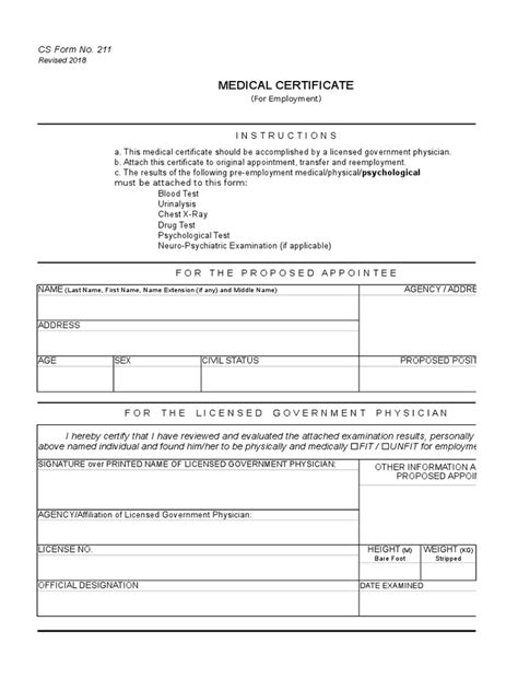 medical certificate csc form 211